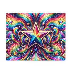 Vibrant Starburst Rave Jigsaw Puzzle featuring dynamic, neon-colored patterns reminiscent of rave culture, available in three sizes with high-quality chipboard pieces, perfect for puzzle enthusiasts and EDM fans alike