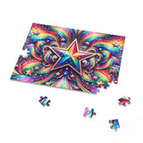 Vibrant Starburst Rave Jigsaw Puzzle featuring dynamic, neon-colored patterns reminiscent of rave culture, available in three sizes with high-quality chipboard pieces, perfect for puzzle enthusiasts and EDM fans alike
