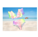 Starry Bliss Two Piece Bikini with Ruffle Sleeve Top featuring a rainbow pastel color scheme with star pattern, perfect for beach outings and raves. The bikini includes a ruffle sleeve V-neck top and high-waist bottoms for a flattering fit.