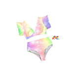 Starry Bliss Two Piece Bikini with Ruffle Sleeve Top featuring a rainbow pastel color scheme with star pattern, perfect for beach outings and raves. The bikini includes a ruffle sleeve V-neck top and high-waist bottoms for a flattering fit.