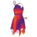 Sunset Rave Fairy Dress - Stunning fairy dress with a gradient color scheme transitioning from golden yellows to deep oranges and pinks, lightweight fabric, and flowy silhouette, perfect for raves and outdoor festivals. Available at Prism Raves.
