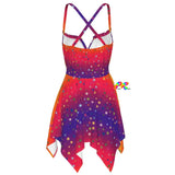Sunset Rave Fairy Dress - Stunning fairy dress with a gradient color scheme transitioning from golden yellows to deep oranges and pinks, lightweight fabric, and flowy silhouette, perfect for raves and outdoor festivals. Available at Prism Raves.