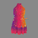 Sunset Ruffle Collar Summer Dress with a halter neckline and ruffle trim, displayed against a festival backdrop. This sleeveless summer dress features a flowy skirt with a ruffle hem, perfect for raves and beach parties. The sunset gradient pattern in purple, pink, and orange hues, along with a self-tie belt and small star pattern, adds a magical touch. Available in regular and plus sizes.