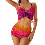 two piece bikini with a gradient pink, purple, to orange with stars, the bottom is high-waist and rouched and the top has black spaghetti straps with a ruffle hem sizes small to 2XL 86% polyester + 14% spandex Women's/Female Two piece swimsuit Ruffle hem top Rouched high-waist bottoms Adjustable spaghetti straps Sunset Star Two-Piece Ruffle Top Bikini - Cosplay Moon