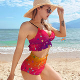 two piece bikini with a gradient pink, purple, to orange with stars, the bottom is high-waist and rouched and the top has black spaghetti straps with a ruffle hem sizes small to 2XL 86% polyester + 14% spandex Women's/Female Two piece swimsuit Ruffle hem top Rouched high-waist bottoms Adjustable spaghetti straps Sunset Star Two-Piece Ruffle Top Bikini - Cosplay Moon