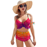 two piece bikini with a gradient pink, purple, to orange with stars, the bottom is high-waist and rouched and the top has black spaghetti straps with a ruffle hem sizes small to 2XL 86% polyester + 14% spandex Women's/Female Two piece swimsuit Ruffle hem top Rouched high-waist bottoms Adjustable spaghetti straps Sunset Star Two-Piece Ruffle Top Bikini - Cosplay Moon