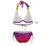 two-piece bikini plus size in a gradient pattern of yellow, pink, orange and purple with a pattern of stars, adjustable ties on bikini sides, the top ties at the neck and across the back extra large to 4XL Sunset Stars Plus Size Bikini - Cosplay Moon