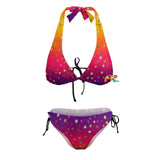 two-piece bikini plus size in a gradient pattern of yellow, pink, orange and purple with a pattern of stars, adjustable ties on bikini sides, the top ties at the neck and across the back extra large to 4XL Sunset Stars Plus Size Bikini - Cosplay Moon