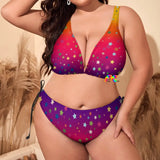 two-piece bikini plus size in a gradient pattern of yellow, pink, orange and purple with a pattern of stars, adjustable ties on bikini sides, the top ties at the neck and across the back extra large to 4XL Sunset Stars Plus Size Bikini - Cosplay Moon