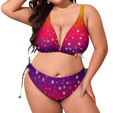 two-piece bikini plus size in a gradient pattern of yellow, pink, orange and purple with a pattern of stars, adjustable ties on bikini sides, the top ties at the neck and across the back extra large to 4XL Sunset Stars Plus Size Bikini - Cosplay Moon