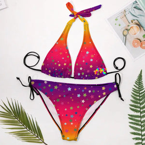 two-piece bikini plus size in a gradient pattern of yellow, pink, orange and purple with a pattern of stars, adjustable ties on bikini sides, the top ties at the neck and across the back extra large to 4XL Sunset Stars Plus Size Bikini - Cosplay Moon