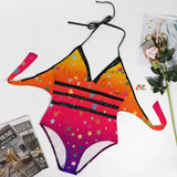 one piece plus size swimsuit with black spaghetti straps that tie at the neck and adjustable tie in the back with gradient orange to pink to purple with a pattern of stars and black trim along waist sizes extra large to 4XL 86% polyester+14% spandex One piece swimsuit Plus size Women's/Female Lace-trim Sunset Stars Plus Size One Piece Swimsuit - Cosplay Moon