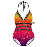 one piece plus size swimsuit with black spaghetti straps that tie at the neck and adjustable tie in the back with gradient orange to pink to purple with a pattern of stars and black trim along waist sizes extra large to 4XL 86% polyester+14% spandex One piece swimsuit Plus size Women's/Female Lace-trim Sunset Stars Plus Size One Piece Swimsuit - Cosplay Moon