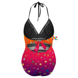 one piece plus size swimsuit with black spaghetti straps that tie at the neck and adjustable tie in the back with gradient orange to pink to purple with a pattern of stars and black trim along waist sizes extra large to 4XL 86% polyester+14% spandex One piece swimsuit Plus size Women's/Female Lace-trim Sunset Stars Plus Size One Piece Swimsuit - Cosplay Moon