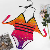 one piece plus size swimsuit with black spaghetti straps that tie at the neck and adjustable tie in the back with gradient orange to pink to purple with a pattern of stars and black trim along waist sizes extra large to 4XL 86% polyester+14% spandex One piece swimsuit Plus size Women's/Female Lace-trim Sunset Stars Plus Size One Piece Swimsuit - Cosplay Moon