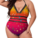 one piece plus size swimsuit with black spaghetti straps that tie at the neck and adjustable tie in the back with gradient orange to pink to purple with a pattern of stars and black trim along waist sizes extra large to 4XL 86% polyester+14% spandex One piece swimsuit Plus size Women's/Female Lace-trim Sunset Stars Plus Size One Piece Swimsuit - Cosplay Moon