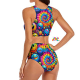 Colorful rave split top high waist swimsuit with tie dye and smileys, just for ravers from Prism Raves