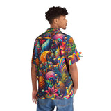 Men's Hawaiian shirt with a 'Tropical Odyssey' theme, showcasing a bright and bold pattern of exotic flowers and palm leaves in vivid colors. The shirt offers a relaxed fit, perfect for festivals or casual raves, capturing the essence of a tropical paradise and the spirit of adventure.