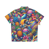 Men's Hawaiian shirt with a 'Tropical Odyssey' theme, showcasing a bright and bold pattern of exotic flowers and palm leaves in vivid colors. The shirt offers a relaxed fit, perfect for festivals or casual raves, capturing the essence of a tropical paradise and the spirit of adventure.