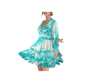 Turquoise Dream Ruffle Dress with deep V-neck and flowy ruffles, perfect for raves and beach outings. The turquoise tie-dye ruffle dress features a button closure with a keyhole back, ideal for summer parties. Close-up of flared sleeves on the Turquoise Dream Ruffle Dress, adding a playful and feminine touch