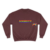 maroon small to 2XL crew neck champion sweatshirt with equality written in rainbow font - cosplay moon