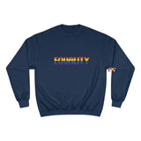 blue small to 2XL crew neck champion sweatshirt with equality written in rainbow font - cosplay moon