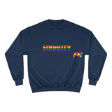 blue small to 2XL crew neck champion sweatshirt with equality written in rainbow font - cosplay moon