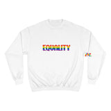 White small to 2XL crew neck champion sweatshirt with equality written in rainbow font - cosplay moon