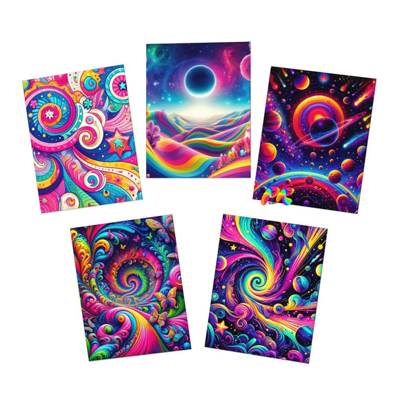 Pack of five vibrant greeting cards from Prism Raves, featuring uplifting and colorful designs perfect for spreading positivity. Each card showcases a unique, eye-catching pattern with neon colors and motivational phrases, ideal for rave and festival enthusiasts. Includes envelopes for sending love and good vibes to friends and fellow ravers.