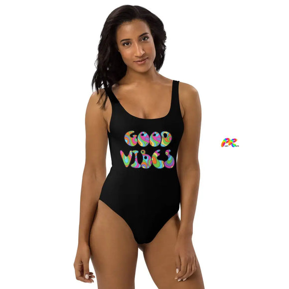 Women's Black Good Vibes One-Piece Swimsuit - Cosplay Moon