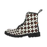 doc marten style lace-up canvas boots with a pull tab and black soles, features an alice in wonderland style pattern in black and red for women and comes in sizes 5 to 12 for raves and festivals - cosplay moon