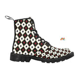 doc marten style lace-up canvas boots with a pull tab and black soles, features an alice in wonderland style pattern in black and red for women and comes in sizes 5 to 12 for raves and festivals - cosplay moon