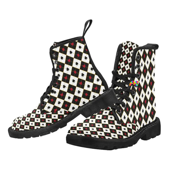 doc marten style lace-up canvas boots with a pull tab and black soles, features an alice in wonderland style pattern in black and red for women and comes in sizes 5 to 12 for raves and festivals  - cosplay moon