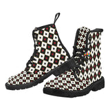 doc marten style lace-up canvas boots with a pull tab and black soles, features an alice in wonderland style pattern in black and red for women and comes in sizes 5 to 12 for raves and festivals  - cosplay moon