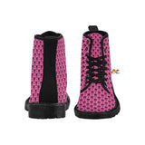 women's hot pink canvas boots, doc marten style combat boots, skull cat, black soles, lace-up, pull tab, rave festival boots sizes 5.5 to 12 - cosplay moon