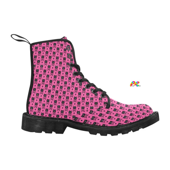 women's hot pink canvas boots, doc marten style combat boots, skull cat, black soles, lace-up, pull tab, rave festival boots sizes 5.5 to 12 - cosplay moon