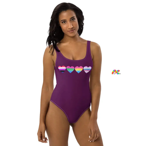 Cosplay Moon, Women's, Scoop Neck and Back, Regular Straps, Four Hearts, One-Piece, Purple, Swimsuit - Cosplay Moon