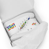 white lace-up canvas shoes with a rainbow tongue and rainbow LOVE with hearts underneath it on the side of the heel, and a white canvas comes in sizes 6.5 to 12, Women’s, White, High Top, Pride Shoes - Cosplay Moo
