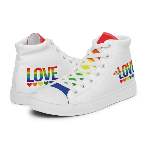 white lace-up canvas shoes with a rainbow tongue and rainbow LOVE with hearts underneath it on the side of the heel, and a white canvas comes in sizes 6.5 to 12, Women’s, White, High Top, Pride Shoes - Cosplay Moon