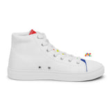 white lace-up canvas shoes with a rainbow tongue and rainbow LOVE with hearts underneath it on the side of the heel, and a white canvas comes in sizes 6.5 to 12, Women’s, White, High Top, Pride Shoes - Cosplay Moo