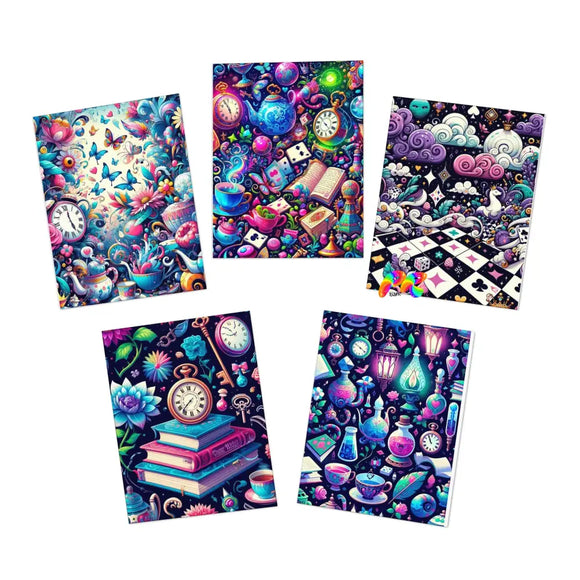 A whimsical five-pack of Wonder Whims Encouraging Greeting Cards, each adorned with unique, Alice in Wonderland-style vibrant designs. Ideal for spreading magical cheer and heartfelt encouragement to friends, family, and fellow festival-goers.
