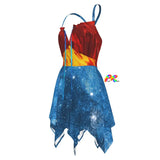 Wonder Woman Fairy Slip Dress featuring a vibrant superhero design, asymmetrical hemline, criss-cross straps, and medieval belt design. Available in sizes up to 5XL, perfect for raves, festivals, matching couples rave outfits, EDM festivals, and cosplay events.