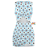 blue and white wonderland style checkered pattern mini dress with a crew neck and is sleeveless, has a cutout in the midriff sizes small up to 5XL 95% polyester+5% spandex Rave Dress Cut-Out Dress Slim Fit Mini Dress Sleeveless Crew Neck Wrap design Women's/Female Wonderland Cut-Out Mini Rave Dress - Cosplay Moon