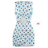 blue and white wonderland style checkered pattern mini dress with a crew neck and is sleeveless, has a cutout in the midriff sizes small up to 5XL 95% polyester+5% spandex Rave Dress Cut-Out Dress Slim Fit Mini Dress Sleeveless Crew Neck Wrap design Women's/Female Wonderland Cut-Out Mini Rave Dress - Cosplay Moon