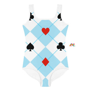 Prism Raves Wonderland one-piece swimsuit for girls, featuring a vibrant, whimsical design with bold, festival-inspired patterns and a blue and white argyle pattern. Perfect for bringing the energy and spirit of rave culture to any pool party or beach day.