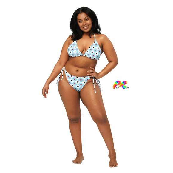 blue and white checkered alice in wonderland style pattern string bikini as small as extra extra small up to 6XL  Soft and stretchy material with UPF 50+  Sizes up to 6XL  Bikini top comes with removable padding for comfort  Multiple ways to tie and style the bikini set  Color design options for swimwear lining  String bikini  Women's//Female  Plus Size Wonderland String Bikini - Cosplay Moon