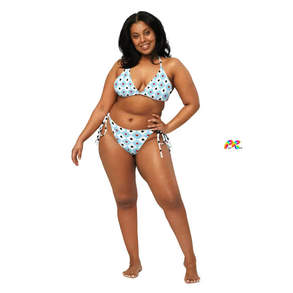 blue and white checkered alice in wonderland style pattern string bikini as small as extra extra small up to 6XL  Soft and stretchy material with UPF 50+  Sizes up to 6XL  Bikini top comes with removable padding for comfort  Multiple ways to tie and style the bikini set  Color design options for swimwear lining  String bikini  Women's//Female  Plus Size Wonderland String Bikini - Cosplay Moon